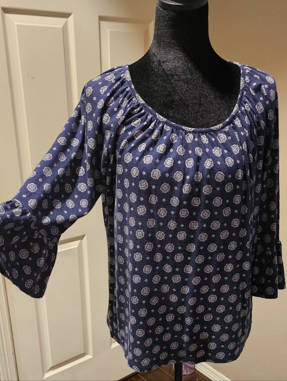 Michael Kors Navy and White Floral Scoop-Neck Blouse
